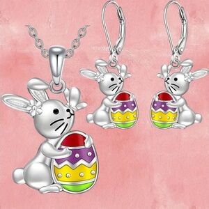 Silver Bunny W/Egg 3 Piece Jewelry Set. NEW!